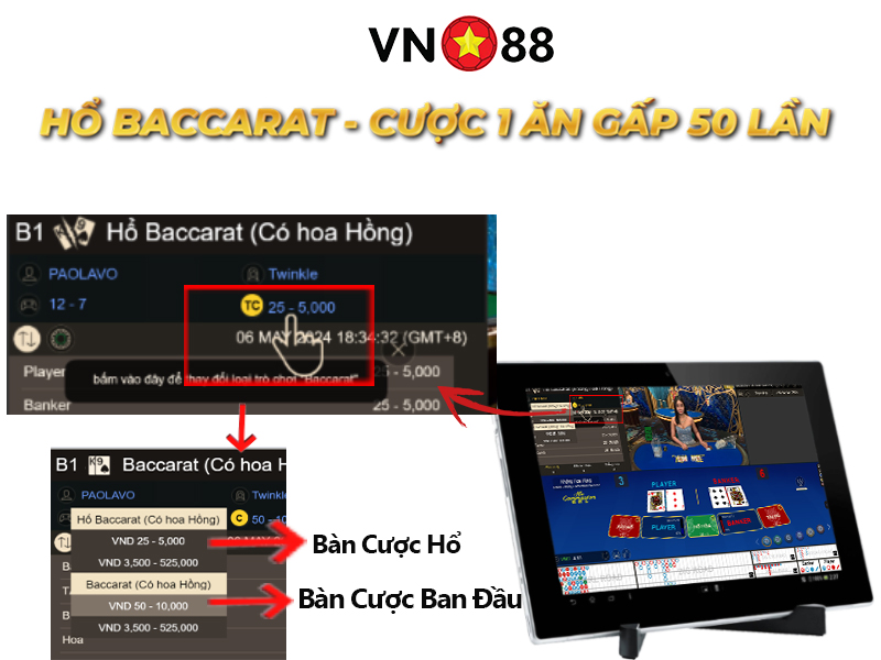 KHÁM PHÁ KIỂU CƯỢC MỚI TẠI CASINO VN88: HỔ BACCARAT – CƯỢC 1 ĂN GẤP 50 LẦN!